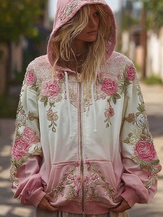 Women's 3D Print Vintage Boho Hoodie Patchwork Hoodie Sweatshirt Floral Zip Up s Floral Graphic Fashion Casual Long Sleeve Hooded  Street Dailywear Patchwork Zipper Pocket Light Pink Spring Fall3