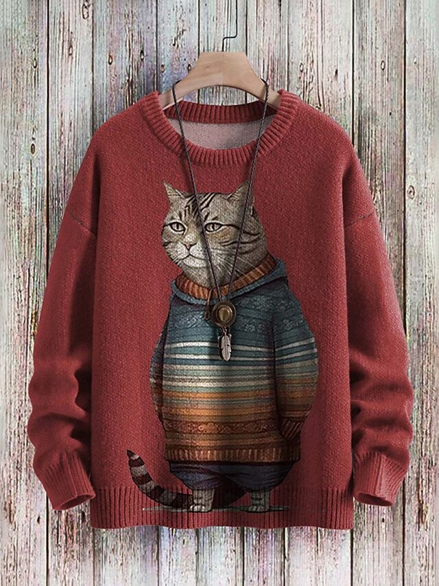 Women's Sweater Cute Casual Soft Animal Ribbed Crew Neck Knitted Print Long Sleeve Regular Tops Knit Outdoor Daily Weekend Blue Brown Fall Winter4