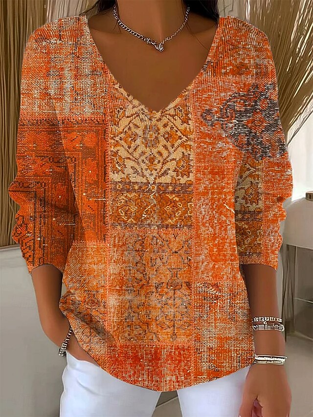 Women's T Shirt Graphic Geometric Tribal Elegant Fashion Casual Long Sleeve V Neck Regular Tops Daily Weekend Print Orange Spring Fall Winter4