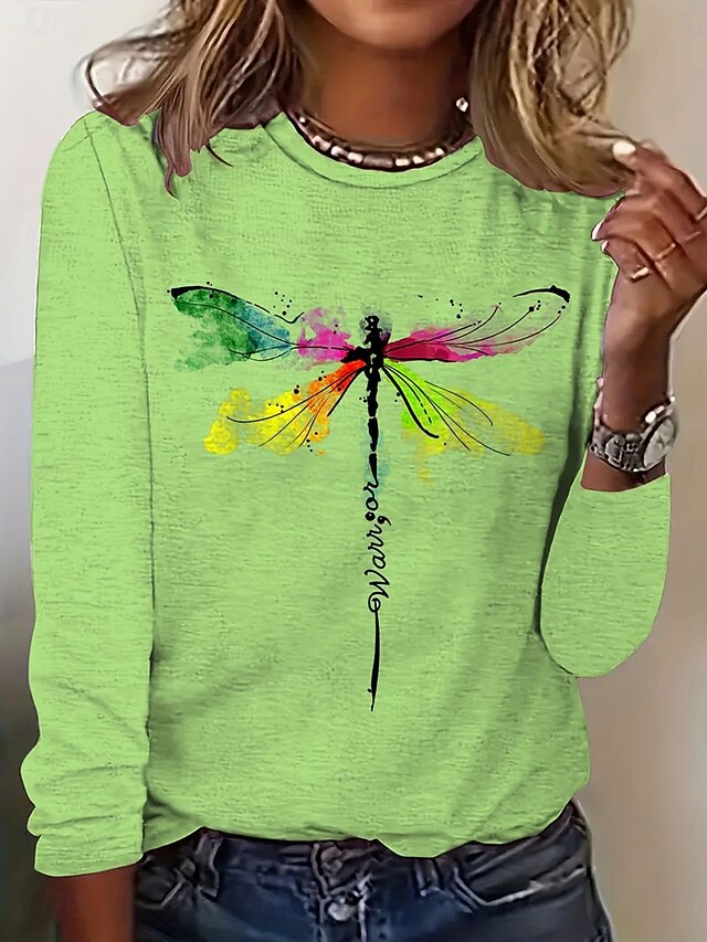Women's T Shirt Graphic Dragonfly Vintage Stylish Classic Long Sleeve Crew Neck Regular Tops Daily Print Pink Blue Green Spring Fall Winter4