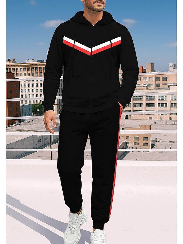  Hombre Sudadera Tracksuit Sudadera con cremallera Correa Bolsillos Geométrico Pantalones Sudadera Sudadera con capucha y Pantalones Otoño Rojo / negro Entrenamiento de gimnasio Casual Baloncesto