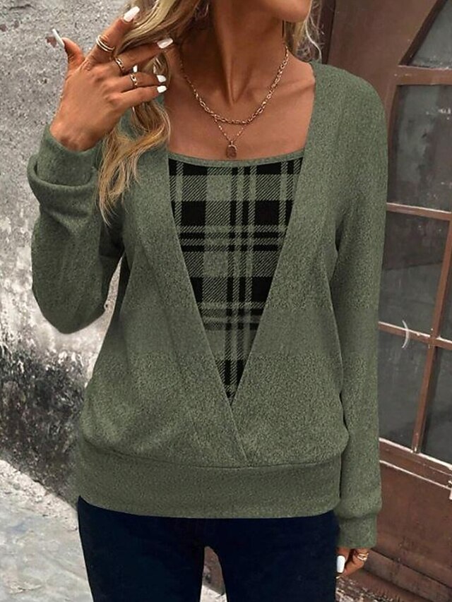 Women's Shirt Blouse Plaid Stylish Basic Casual Long Sleeve Square Neck Regular Tops Daily Holiday Patchwork Print Green Spring Fall Winter4