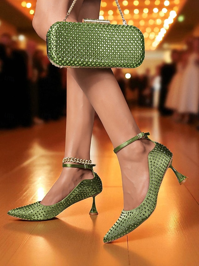  Women's Green Rhinestone Heels and Matching Clutch Bag Set - Elegant Pointed Toe Pumps with Ankle Strap for Formal Events and Cocktail Parties