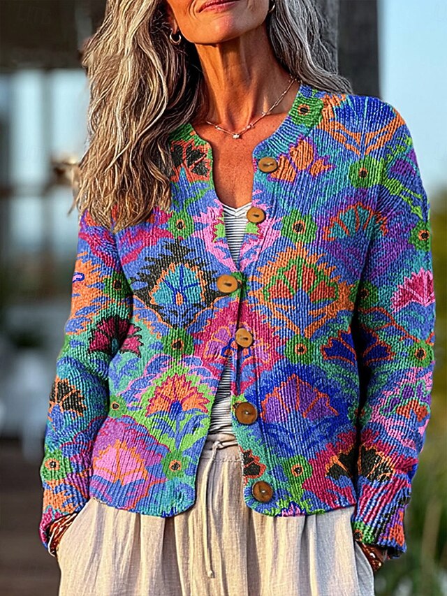 Women's Cardigan Daily Graphic Geometric Ribbed Crew Neck Floral Buttons Print Long Sleeve Regular Tops Knit Outdoor Weekend Blue Spring Fall4