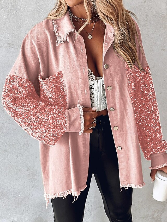 Women's Casual Jacket Comfortable Breathable Pocket Buttons Casual Color Block Vacation Street Casual Daily Wear Single Breasted Short Turndown Loose Fit Long Sleeve Outerwear Pink Spring Fall3