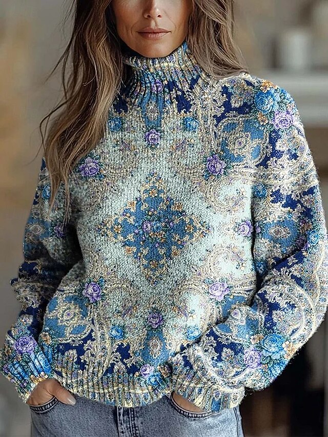 Women's Sweater Pullover Daily Floral Graphic Paisley Ribbed Turtleneck Knitted Print Long Sleeve Regular Tops Knit Outdoor Weekend Blue Fall Winter4