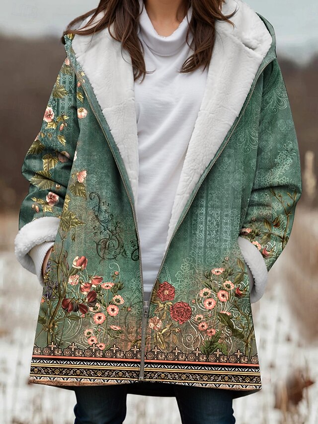 Women's Fleece Jacket Teddy Coat Hoodie Jacket Warm Breathable Zipper Pocket Fleece Lined Casual Floral Vacation Street Casual Daily Wear Zipper Long Hoodie Regular Fit Long Sleeve Outerwear Black4