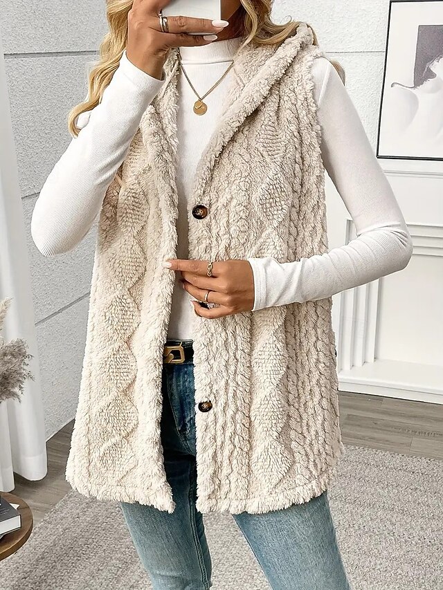 Women's Sherpa Jacket Comfortable Breathable Buttons Casual Plain Vacation Street Casual Daily Wear Single Breasted Regular Hooded Regular Fit Sleeveless Outerwear Beige Spring Fall4