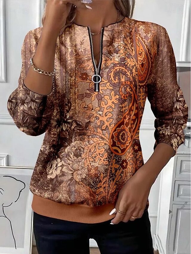 Women's Pullover Sweatshirt Zip Up Sweatshirts Floral Graphic Paisley Fashion Casual Long Sleeve Crew Neck Regular Tops Street Dailywear Casual Zipper Print Brown Green Fall Winter3