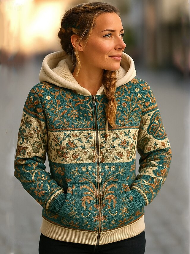 Viking Boho Women's Winter Coat Warm Lightweight Zipper Print Fleece Lined Elegant Vintage Fashion Geometric Home Work Casual Zipper Regular Hooded Loose Fit Long Sleeve Outerwear4
