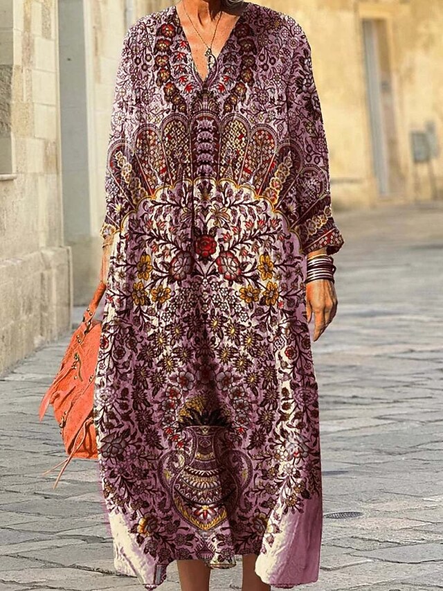  Damen Midikleid Sommerkleid A Linie Kleid Urlaub Lässig Boho Ausgehen Strand Lässiger Schnitt Grafik Geometrisch Langarm V Ausschnitt Rosa Blau Grün Aprikose Frühling Herbst Winter