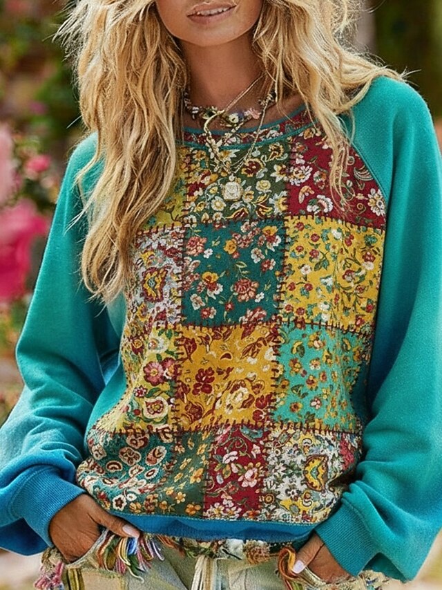 Women's Pullover Sweatshirts Floral Color Block Vintage Streetwear Classic Long Sleeve Crew Neck Regular Tops Dailywear Casual Print Blue Spring Fall4