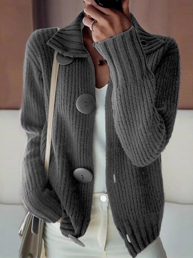 Women's Sweater Cardigan Elegant Fashion Streetwear Pure Color Shirt Collar Pocket Knitted Long Sleeve Regular Tops Knit Outdoor Daily Weekend Wine Red Navy Blue Fall Winter4