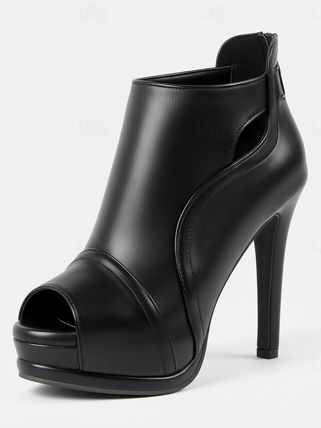 Women's Sexy Black Peep-Toe Stiletto Heels with Cut-Out Design – Faux Leather Platform Ankle Boots for Party and Evening Wear 6