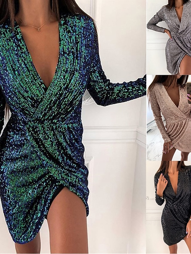  Pentru femei Rochii Midi Rochie neagra Rochie cu paiete Rochie de petrecere Rochie casual Elegant Modă Modern În aer liber Petrecere Zilnic Zvelt Simplu Manșon Lung În V Roz Deschis Negru Alb Roz