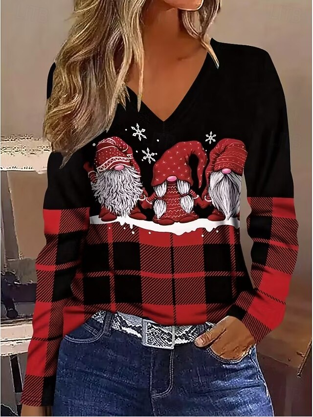 Christmas Women's T Shirt Graphic Geometric Santa Claus Vintage Stylish Classic Long Sleeve V Neck Regular Tops Daily Print Black Spring Fall Winter4