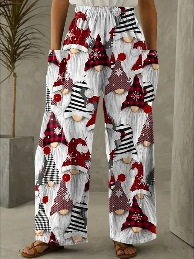  Per donna Gamba larga Chinos Essenziale Casual Lunghezza intera Vita AltaPantsNatale Grafico Babbo Natale Astratto Fascia Elastica Inelastico Formale Vacanza Streetwear Rosa chiaro Marrone scuro