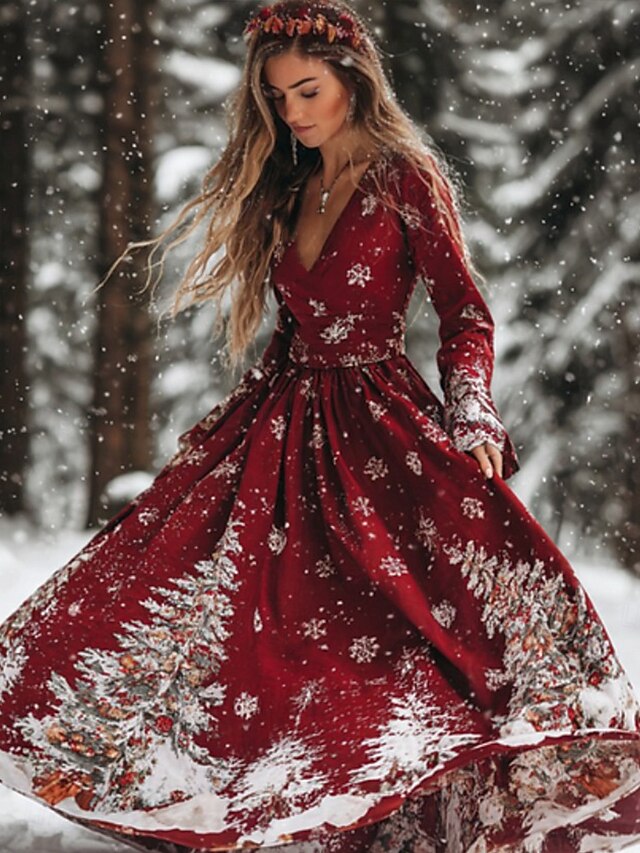 Christmas Women's Maxi Dress Pleated Dress Party Casual Boho Daily Date Going out Regular Fit Christmas Tree Long Sleeve V Neck Black Red Fall Winter3