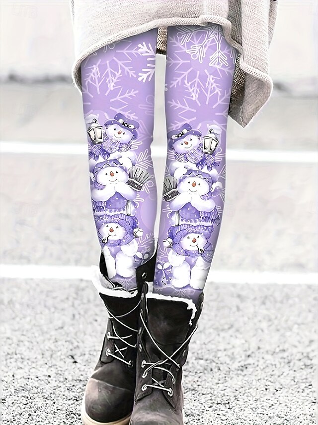 Women's Leggings Vacation Vintage Fashion Full Length High WaistPantsUgly Christmas Graphic Snowman Snowflake Printing Soft Breathable High Elasticity Vacation Street Causal Light Purple Fall Winter4