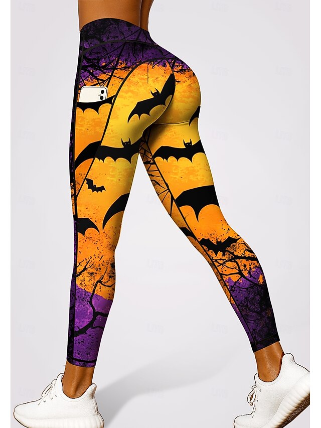 Women's Unisex pilates leggings fitness pants Gym Leggings Pockets Stamp Duty Side Pockets Pilates Gym Gym Workout Pants Tights Leggings Halloween Orange Sports Activewear Stretchy Tight Fit4