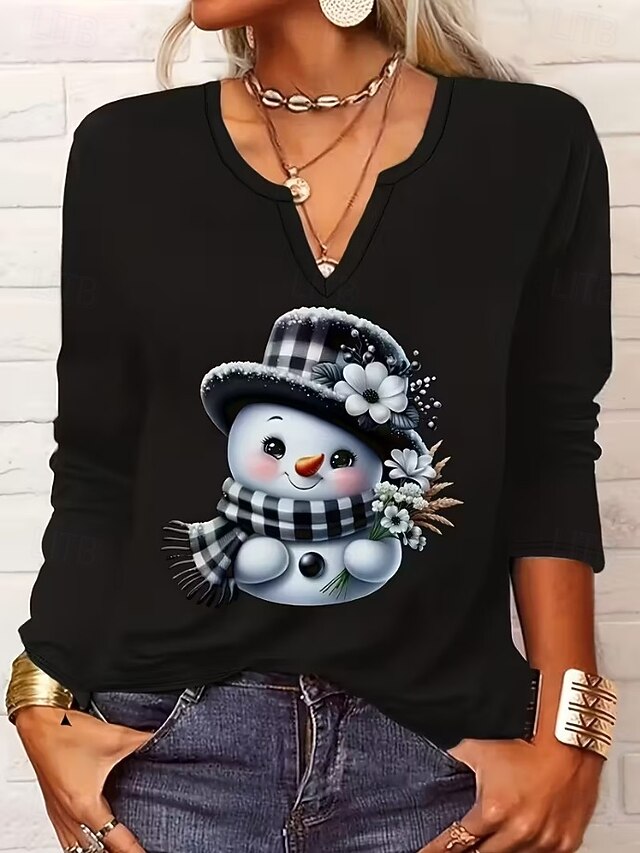 Christmas Women's T Shirt Graphic Snowman Vintage Stylish Classic Long Sleeve V Neck Notched Neck Regular Tops Daily Weekend Print Black Spring Fall Winter3