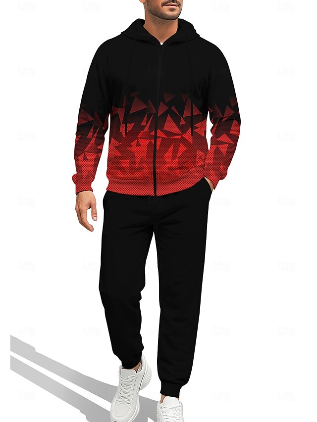 Men's Hoodie Tracksuit Zip Hoodie Drawstring Pockets Geometric Pants Hoodie Sweatshirt Fall Red / black Gym Workout Casual Basketball Baggy Long Sleeve Sport Activewear Stretchy Regular Fit4