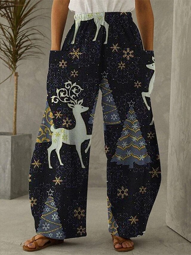 Women's Wide Leg Pants Trousers Vacation Ethnic Style Basic Full Length High WaistPantsChristmas Graphic Reindeer Pocket Elastic Waistband Print Comfy Breathability Inelastic Vacation Casual Daily4