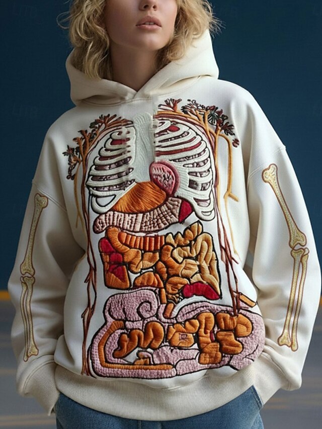 Halloween Women's Pullover Hoodie Sweatshirt Skeleton Graphic Monster Casual Long Sleeve Hooded Regular Tops Party Evening Wear Street Dailywear Beige Spring Fall Winter4