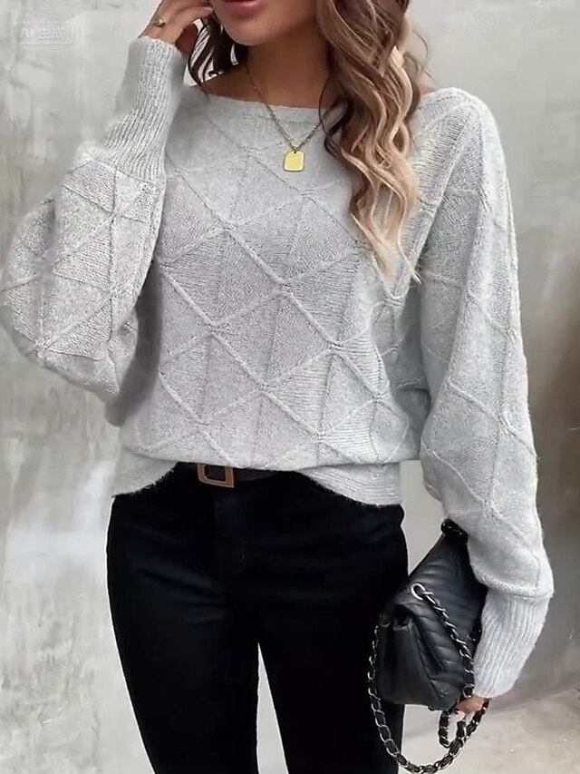Women's Sweater Pullover Fashion Streetwear Casual Solid Color Off Shoulder Off Shoulder Knitted Long Sleeve Regular Tops Knit Daily Holiday Going out Gray Fall Winter4