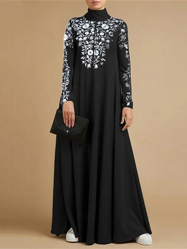 Women's Long Dress Maxi Dress Black Dress Casual Dress Cocktail Dress Formal Dress Fashion Muslim Outdoor Daily Weekend Regular Fit Flower Long Sleeve Stand Collar Black Spring Fall4