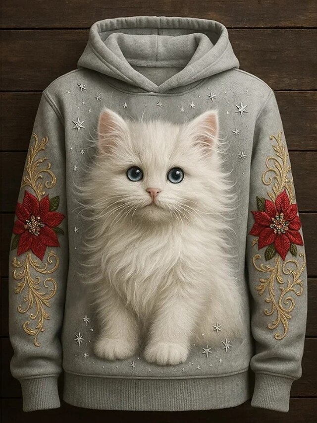 Women's Pullover Hoodie Sweatshirt Floral Graphic Cat Vintage Casual Boho Long Sleeve Hooded Regular Tops Street Dailywear Patchwork Print Front Pocket Beige Gray Spring Fall Winter3