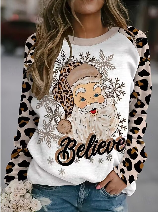 Women's Pullover Graphic Santa Claus Casual Long Sleeve Crew Neck Regular Tops Casual Holiday Brown Spring Fall Winter3