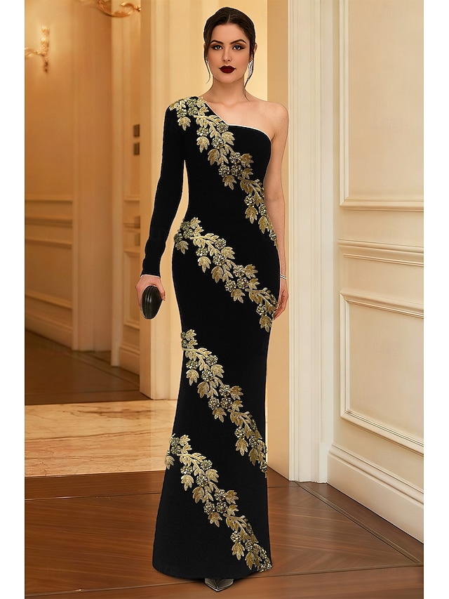  schwarz-goldenes geblümtes Meerjungfrau-/Trompeten-Abendkleid, elegantes Abendkleid, formelle Hochzeit, bodenlang, langärmlig, eine Schulter, Spitze mit Perlenapplikationen 2025