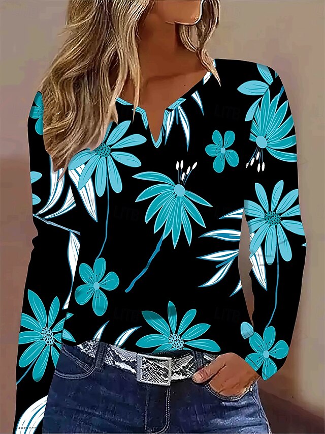 Women's T Shirt Graphic Plants Abstract Vintage Stylish Modern Long Sleeve Notched Neck Regular Tops Daily Weekend Print Blue Spring Fall Winter4
