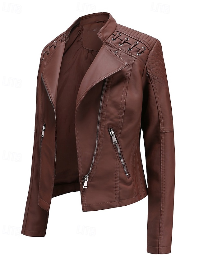  Per donna Giacca in Ecopelle Confortevole Cerniera Tasca Casual Semplice Vacanza Abbigliamento quotidiano Uscire Weekend Regolare Collo ripiegato Vestibilità regolare Manica Lunga Capispalla Nero