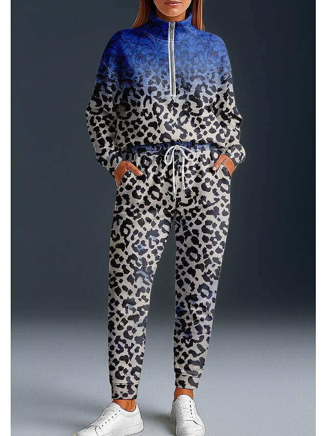 Women's Sweatshirt Tracksuit 2 Piece Tracksuit Baggy Leopard Clothing Suit Fall Royal Blue Vocation Outdoor Travel Lightweight Fashion Long Sleeve Sport Activewear Micro-elastic Regular Fit4