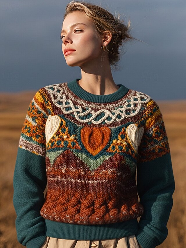 Women's Sweater Pullover Vintage Daily Casual Graphic Ribbed Crew Neck Knitted Print Long Sleeve Regular Tops Knit Outdoor Weekend Brown Fall Winter4