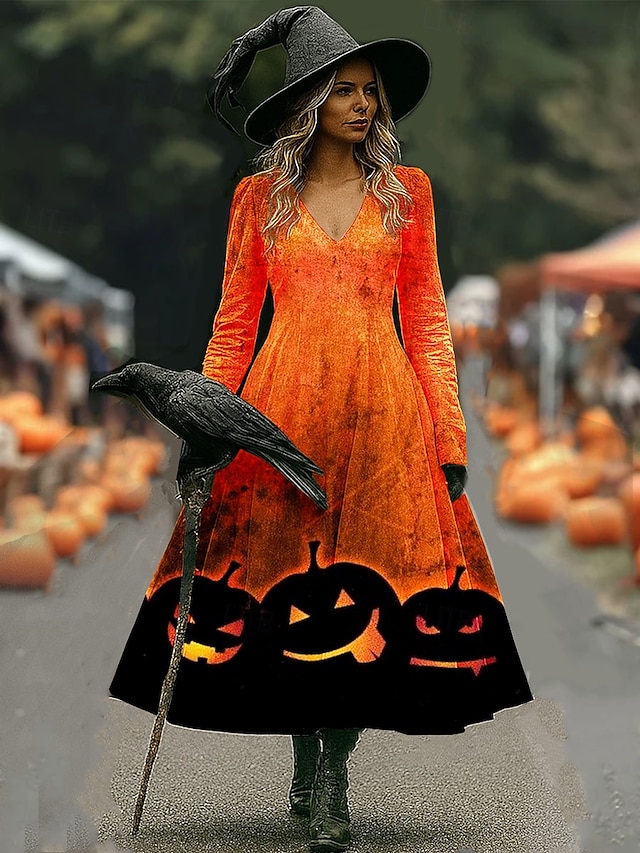  Halloween Damskie Sukienka midi Sukienka A line Urlop Codzienny Ślub Impreza Urodziny Regularny Graficzny Rękaw 3/4 W serek Rumiany róż Niebieski Pomarańczowy Wiosna Jesień