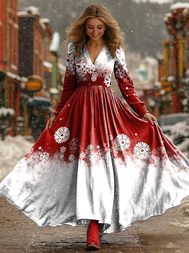  Vánoce Dámské Maxi šaty Plisované šaty Večírek Na běžné nošení Cikánský Denní Rande Jdeme ven Běžný Sněhová vločka Dlouhý rukáv Do V Rubínově červená Vodní modrá Podzim Zima