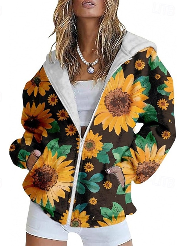  Femmes Veste Décontractée Confortable Avec Poches Imprimé Sports Mode Extérieur Fleur Décontracté Quotidien Week-end Fermeture éclair Régulier À capuche Coupe régulière manche longue Vêtements