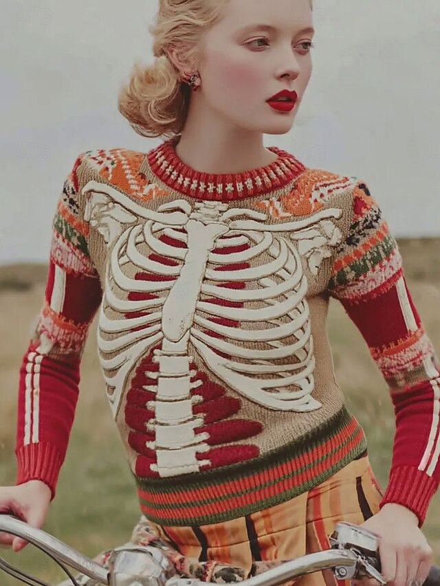 Halloween Women's Sweater Skeleton  Vintage Cute Streetwear Graphic Skeleton Crew Neck Patchwork Knitted Long Sleeve Regular Tops KnitRed Fall Winter4