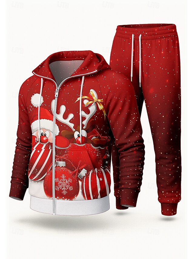 Christmas Men's Hoodie Tracksuit 2 Piece Tracksuit Drawstring Zip Up Color Gradient Clothing Suit Fall Red Vocation Outdoor Travel Lightweight Fashion Long Sleeve Sport Activewear Stretchy Regular Fit4
