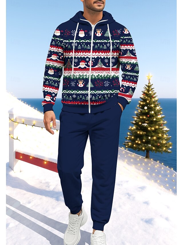 Christmas Men's Hoodie Tracksuit Zip Hoodie Drawstring Pockets Pants Hoodie Sweatshirt Fall Dark Navy Gym Workout Casual Basketball Baggy Long Sleeve Sport Activewear Stretchy Regular Fit4