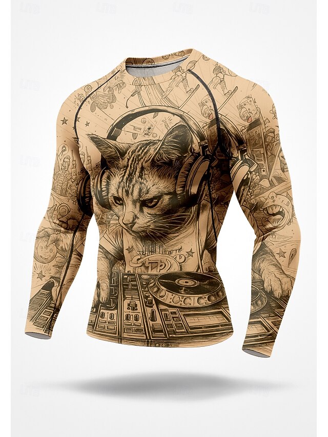 Men's Compression Shirt Running Shirt 3D Print Long Sleeve Base Layer Cat Quick Dry Compression Power Flex Moisture Wicking Gym Workout Active Training Exercise Sportswear Activewear Khaki4