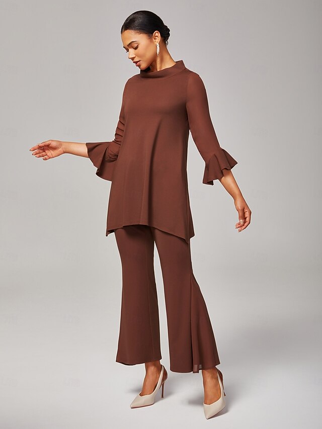 Women's Brown Chiffon Modal Set Blouse Bell Bottom Pants Fitted Flowing Sheer Accents Elegant Comfortable Stylish Daily Work Evening Wear4
