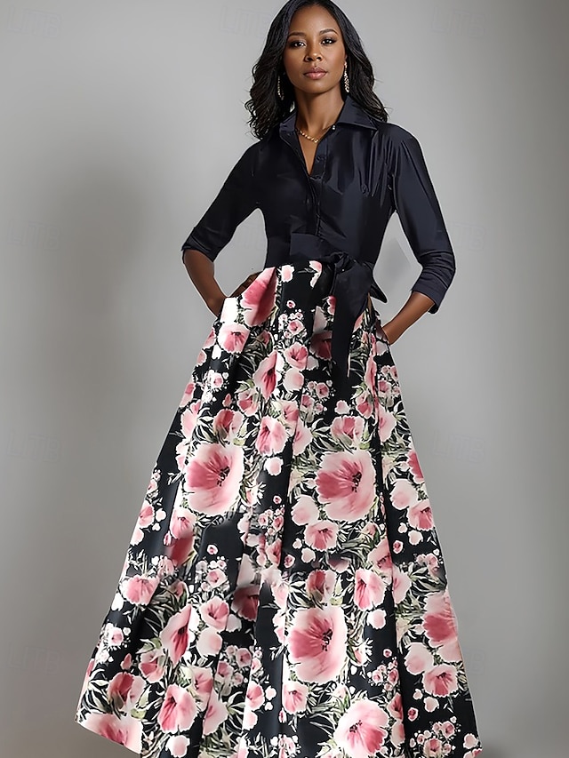  Abito madre della sposa A-Line abito elegante a righe floreali abito a camicia elegante con fiocco pieghe lungo fino al pavimento colletto a camicia in satin maniche 3/4 con bottoni primavera estate