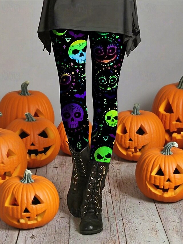 Women's Leggings Cozy Leggings Vintage Ethnic Style Basic Full Length High WaistPantsHalloween Skull Printing Thermal Warm Comfortable High Elasticity Vacation Casual Daily Green Fall Winter Slim Fit4