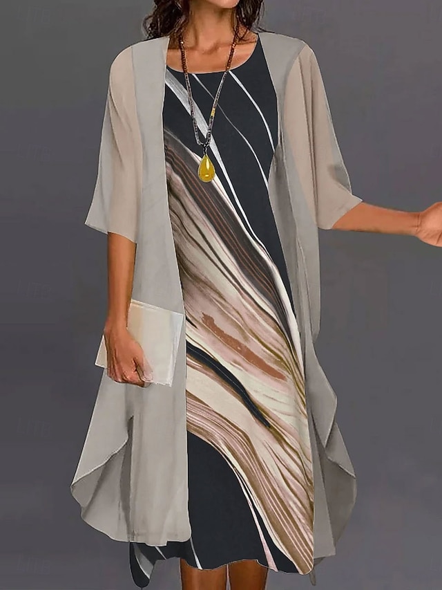  Dames Jurk Set A lijn jurk Vakantie Casual Grafisch Streep Meerlaags Afdrukken Mini-jurk Halve mouw Strakke ronde hals Dagelijks Zwart blauw Beige Zomer Lente Ruim Passend