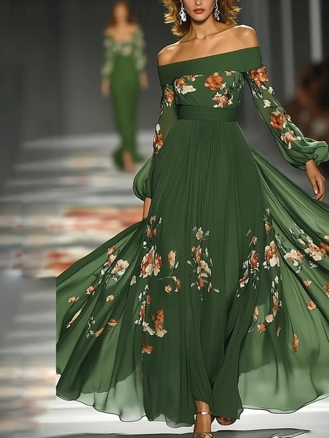 Femmes Robe Longue Maxi Robe Robe de Soirée Robe de Cocktail Robe Imprimée Élégant Moderne Extérieur Soirée Coupe régulière Fleuri manche longue Épaules Dénudées Vert Automne Hiver