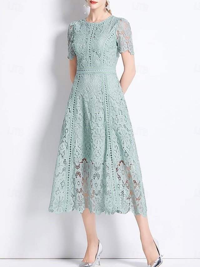  Abito Madre della Sposa Abito Elegante Scollo Rotondo Lunghezza Tea Pizzo Maniche Corte con Pizzo